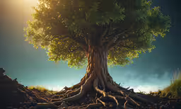 the large tree is in the middle of a dirt area,a tree has its roots growing over a sandy ground