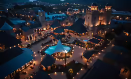 an aerial view of the illuminated resort and the pool
