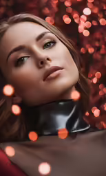 a woman with her eyes closed and a light background in the distance