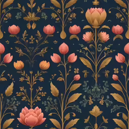 a blue and gold floral wallpaper with many different types of flowers