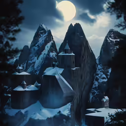 the dark castle is at night in the mountains
