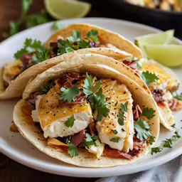 four tacos on a white plate with lime wedges