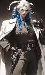 a anime character wearing an unrugan outfit and holding guns