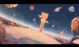 an animation of a large cross and balloons floating in the sky