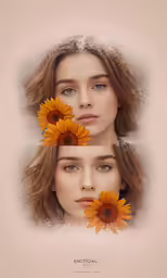 the image shows two women with sunflowers