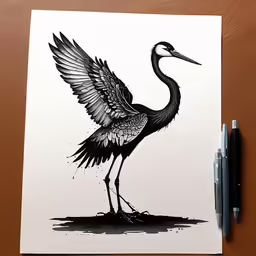 a black and white drawing of a bird with wings spread
