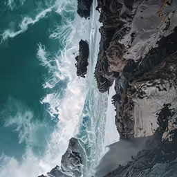 an aerial shot of the ocean waves crashing over rocky coast