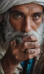 an indian man with a white beard holding his hand near his mouth