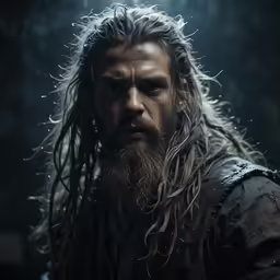 the young man with long, curly hair and beard looks into the distance