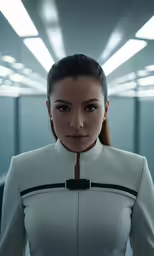 a woman in a white outfit with an electronic strip across her face