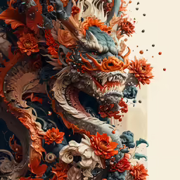 an ornate red and white dragon is painted in this artistic painting