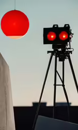 a red light is on a tripod in the air