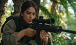 woman aiming rifle while crouching against a tree