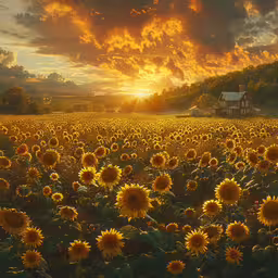 the sun is setting over a field with lots of flowers,the sun is rising over the field of flowers