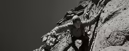 a man in the middle of climbing up a rocky mountain