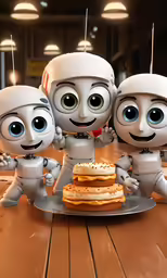 three robot friends eating crackers and pancakes