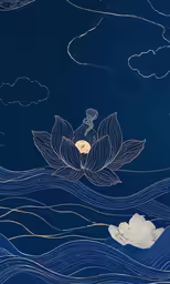 a painting of a man floating on top of a blue body of water