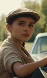 young female leaning on the back of a vehicle
