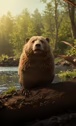 a brown bear sitting on top of a log near a river