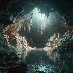 an area with water that is inside of a cave