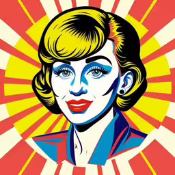 an illustration of a woman in blue, red and yellow,a person with a red shirt and blue eyes