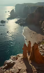 two small rock formations sit on the shore