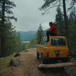 a man sitting on top of the roof of a yellow jeep