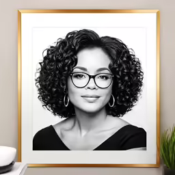an african american woman wearing black eye glasses, and with curly hair, standing in front of