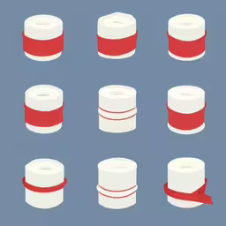 eight white rolls of different sizes and colors,a white and red object surrounded by smaller pieces of tape,several white and red toilet paper stacks,a blue - gray - colored background with an array of toilet rolls,eight red and white round objects, one with a ribbon