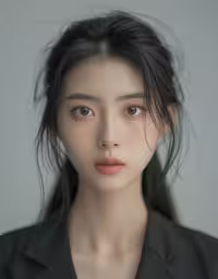an asian doll has long black hair,this girl is wearing a black jacket and has long black hair