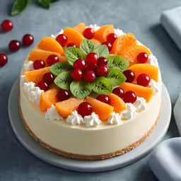 a small white cake with cream frosting, fruit and cranberries