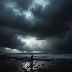 man walking down the beach during dark storm clouds