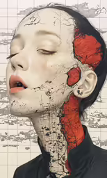 a woman with red and white patches around her head is looking at a blue and white map of the area