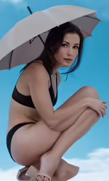 a woman sitting on the beach under an umbrella