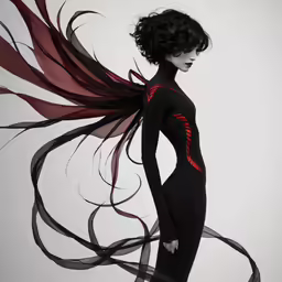 this image depicts a woman dressed in black, red and black hair, with her hands on the hips
