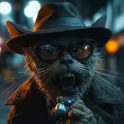 a raccoon with a hat, jacket, glasses and a camera in the dark