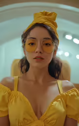 a woman wearing large sun glasses with yellow top and headband