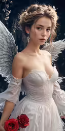 an angel wearing a wedding dress next to flowers