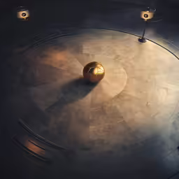 a large metal circular space with a golden object in the center