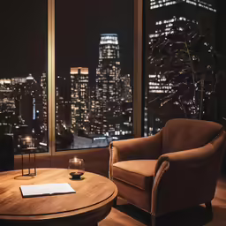 a dimly lit room with a cityscape at night