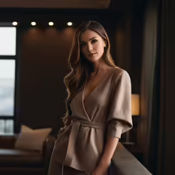 a beautiful woman standing in front of a window