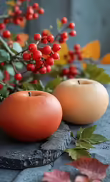 the two fruits are on the table next to the leaves