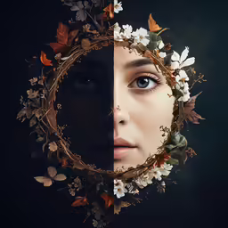 a woman with flowers on her head in front of a mirror