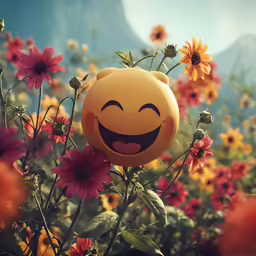 a smiley face pillow that is in a field of flowers