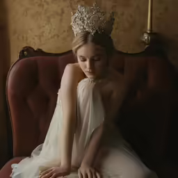 a woman is sitting on a couch wearing a tiara