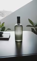 a small bottle sitting on top of a table next to a cup