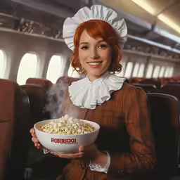 a young redhead lady with a hat holding a bowl full of food