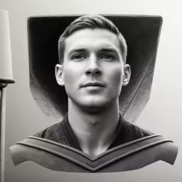 a man in uniform posing for a black and white photo