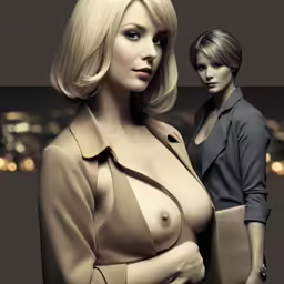 a naked girl with an attractive breast, standing next to a man in a suit