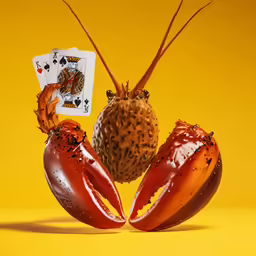 two craycers, playing cards and an apple in the foreground